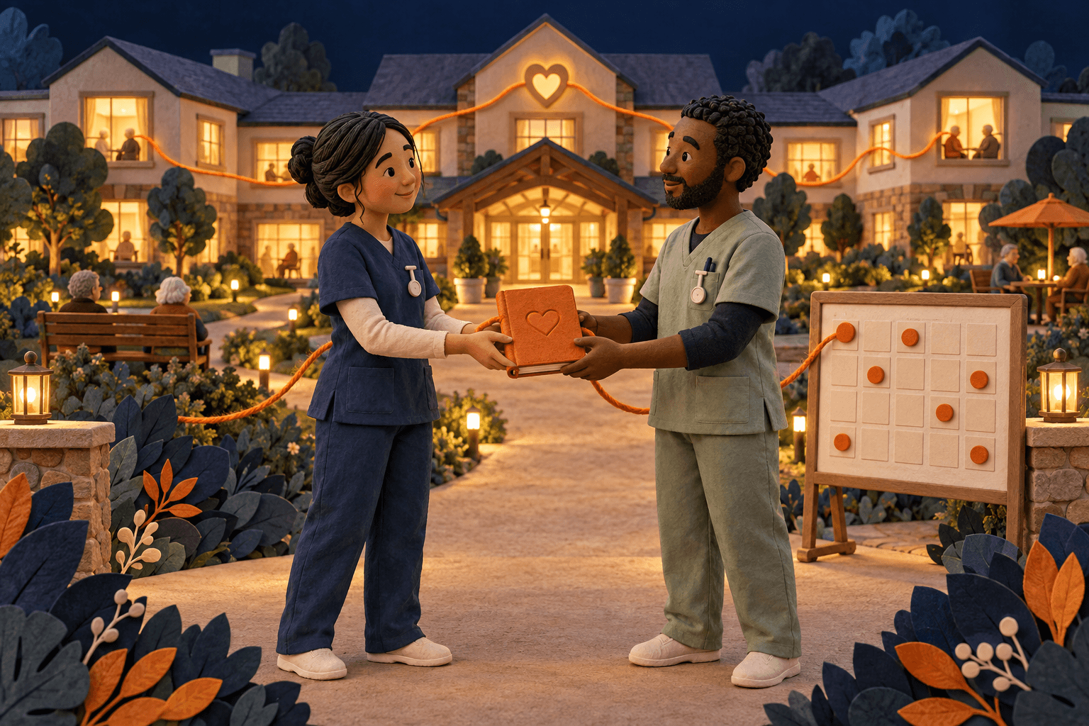 Handcrafted illustration of caregivers sharing a handover outside a care residence