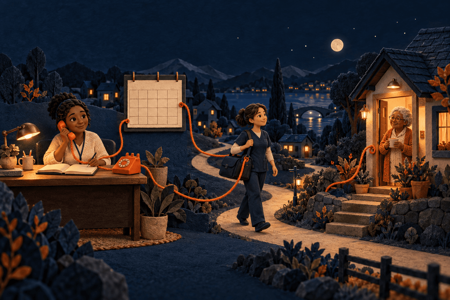 Handcrafted illustration of a coordinator, caregiver and client connected by an orange thread