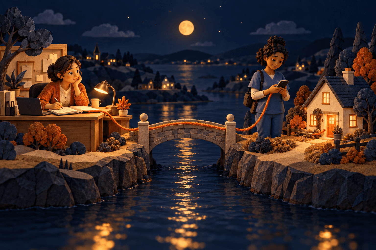 Handcrafted illustration of a coordinator and caregiver connected across a bridge