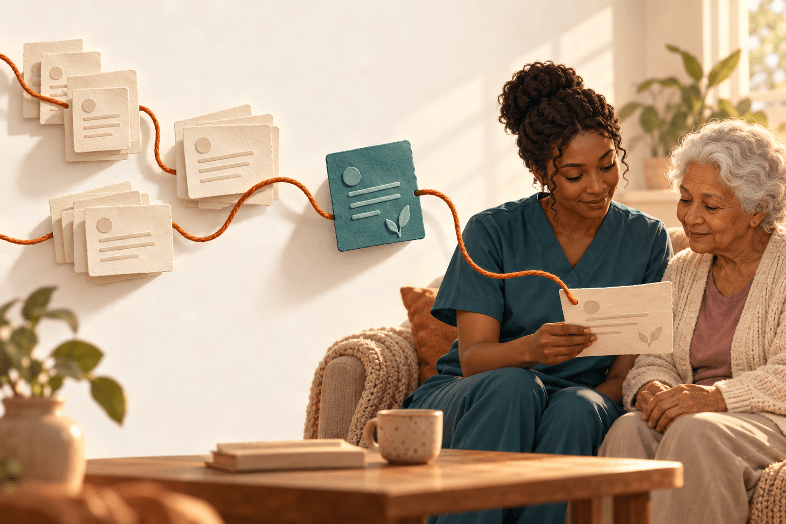 An orange thread connects repeated notes and a new observation to a nurse reviewing a care plan with an older adult.